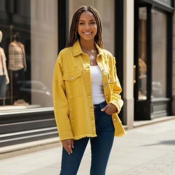 Urban Chic‎ Yellow Distressed Oversized Cotton Blend Denim Jacket Streetwear Lg - Picture 10 of 10